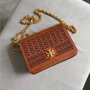 Tory Burch Tan Crossbody Bag with Gold Chain